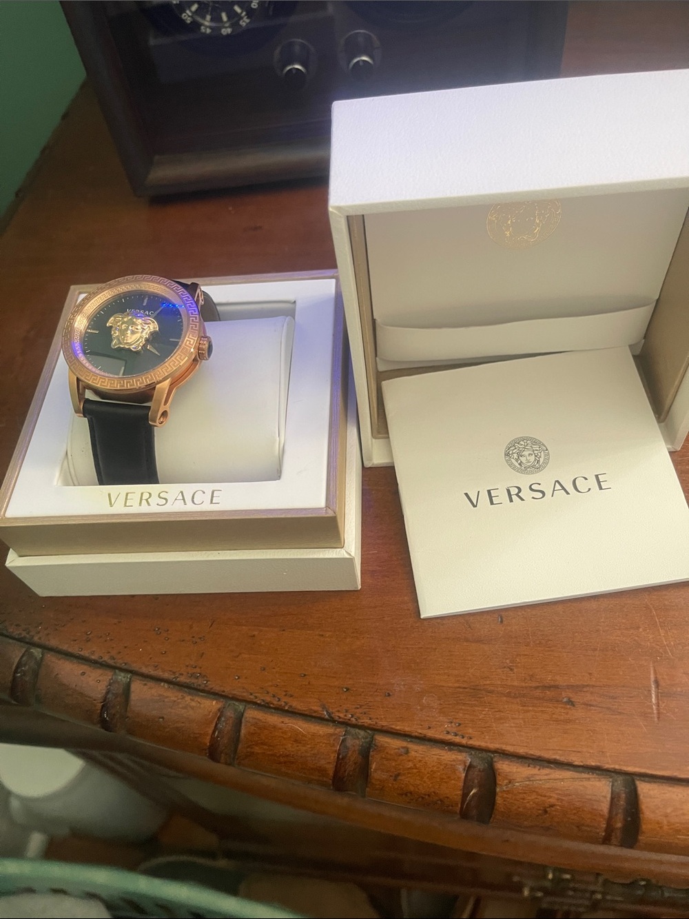 Versace Rose Gold Tone Watch with Black Strap and Medusa Dial